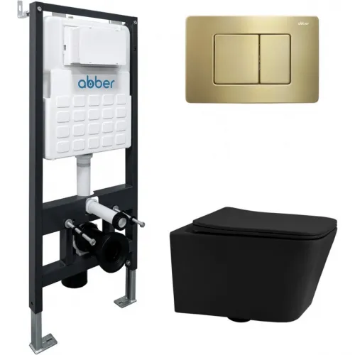 Комплект инсталляция с унитазом Abber AC1201MB-AC0105-AC0120MMG с кнопкой смыва, золотой матовый + унитаз подвесной Abber Rechteck безободковый, с сиденьем микролифт, черный матовый