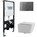 Комплект инсталляция с унитазом Abber AC1201-AC0105-AC0121NG с кнопкой смыва, никель + унитаз подвесной Abber Rechteck безободковый, с сиденьем микролифт, белый