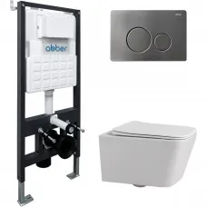 Комплект инсталляция с унитазом Abber AC1201-AC0105-AC0121NG с кнопкой смыва, никель + унитаз подвесной Abber Rechteck безободковый, с сиденьем микролифт, белый