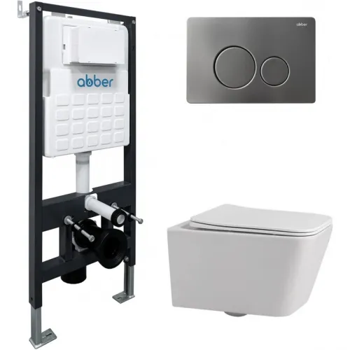Комплект инсталляция с унитазом Abber AC1201-AC0105-AC0121NG с кнопкой смыва, никель + унитаз подвесной Abber Rechteck безободковый, с сиденьем микролифт, белый