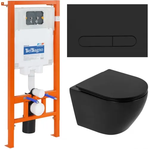 Комплект инсталляция с унитазом BelBagno Prospero BB062CHR-MB/BB062SC-MB/BB002-80/BB007-PR-NERO.M с кнопкой смыва,черный матовый + унитаз подвесной BelBagno Colorato безободковый, с сиденьем микролифт, черный матовый
