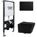 Комплект инсталляция с унитазом Abber AC1201MB-AC0105-AC0121MB с кнопкой смыва, черный матовый + унитаз подвесной Abber Rechteck безободковый, с сиденьем микролифт, черный матовый
