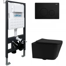 Комплект инсталляция с унитазом Abber AC1201MB-AC0105-AC0121MB с кнопкой смыва, черный матовый + унитаз подвесной Abber Rechteck безободковый, с сиденьем микролифт, черный матовый