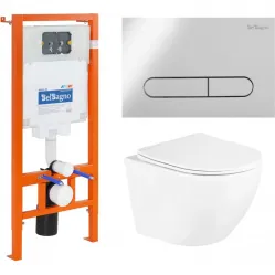 Комплект инсталляция с унитазом BelBagno Prospero BB3105CHR/SC/BB002-80/BB005-PR-CHROME с кнопкой смыва, хром + унитаз подвесной BelBagno Uno безободковый, с сиденьем микролифт, белый