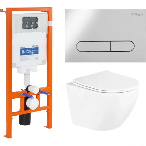 Комплект инсталляция с унитазом BelBagno Prospero BB3105CHR/SC/BB002-80/BB005-PR-CHROME с кнопкой смыва, хром + унитаз подвесной BelBagno Uno безободковый, с сиденьем микролифт, белый