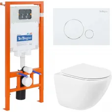 Комплект инсталляция с унитазом BelBagno Prospero BB051CHR/BB051SC/BB002-80/BB014-SR-BIANCO с кнопкой смыва, белый + унитаз подвесной BelBagno Amanda безободковый, с сиденьем микролифт, белый