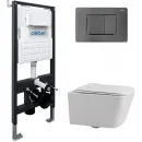 Комплект инсталляция с унитазом Abber AC1201-AC0105-AC0120NG с кнопкой смыва, никель + унитаз подвесной Abber Rechteck безободковый, с сиденьем микролифт, белый