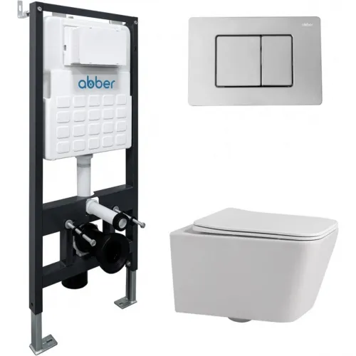 Комплект инсталляция с унитазом Abber AC1201-AC0105-AC0120 с кнопкой смыва, хром + унитаз подвесной Abber Rechteck безободковый, с сиденьем микролифт, белый