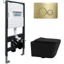 Комплект инсталляция с унитазом Abber AC1201MB-AC0105-AC0121MMG с кнопкой смыва, золотой матовый + унитаз подвесной Abber Rechteck безободковый, с сиденьем микролифт, черный матовый