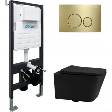 Комплект инсталляция с унитазом Abber AC1201MB-AC0105-AC0121MMG с кнопкой смыва, золотой матовый + унитаз подвесной Abber Rechteck безободковый, с сиденьем микролифт, черный матовый