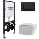 Комплект инсталляция с унитазом Abber AC1201-AC0105-AC0120MB с кнопкой смыва, черный матовый + унитаз подвесной Abber Rechteck безободковый, с сиденьем микролифт, белый