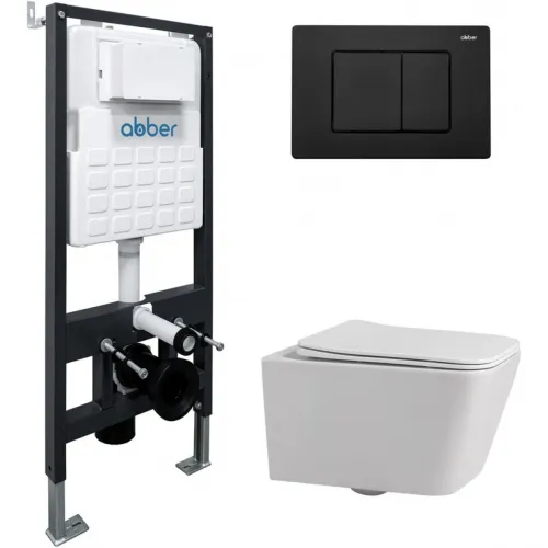 Комплект инсталляция с унитазом Abber AC1201-AC0105-AC0120MB с кнопкой смыва, черный матовый + унитаз подвесной Abber Rechteck безободковый, с сиденьем микролифт, белый