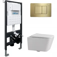 Комплект инсталляция с унитазом Abber AC1201-AC0105-AC0120MMG с кнопкой смыва, золотой матовый + унитаз подвесной Abber Rechteck безободковый, с сиденьем микролифт, белый