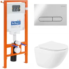 Комплект инсталляция с унитазом BelBagno Prospero BB051CHR/BB051SC/BB002-80/BB005-PR-CHROME с кнопкой смыва, хром + унитаз подвесной BelBagno Amanda безободковый, с сиденьем микролифт, белый