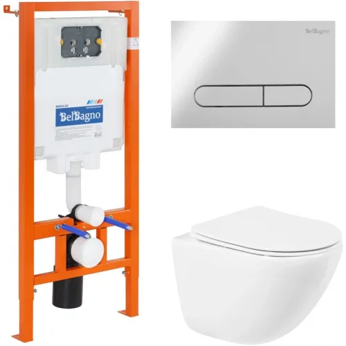 Комплект инсталляция с унитазом BelBagno Prospero BB051CHR/BB051SC/BB002-80/BB005-PR-CHROME с кнопкой смыва, хром + унитаз подвесной BelBagno Amanda безободковый, с сиденьем микролифт, белый