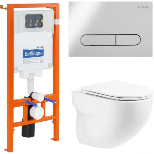 Комплект инсталляция с унитазом BelBagno Prospero BB066CHR/BB870SC/BB002-80/BB005-PR-CHROME с кнопкой смыва, хром + унитаз подвесной BelBagno Onda безободковый, с сиденьем микролифт, белый