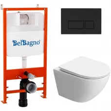 Комплект инсталляция с унитазом BelBagno BB5177CH-TOR/SC/BB026/BB044NERO с кнопкой смыва, черный матовый + унитаз подвесной BelBagno Uno безободковый, торнадо, с сиденьем микролифт, белый